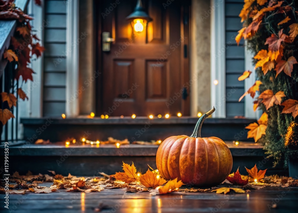 Obraz premium Minimalist Halloween Porch Decor: Pumpkins, Garland, and Fall Leaves
