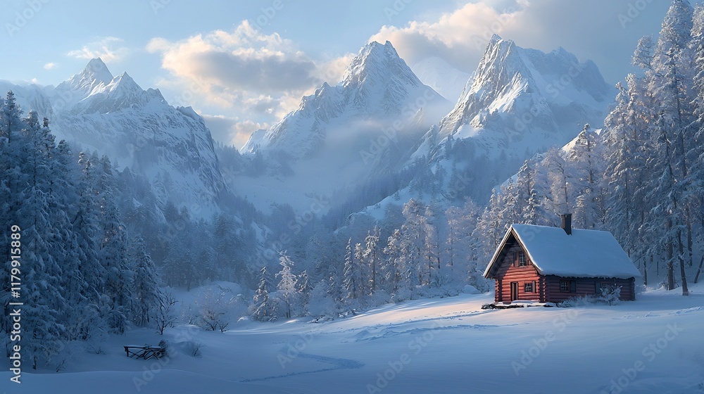 Fototapeta premium Picturesque Winter Cabin Nestled in Snow Capped Mountain Landscape
