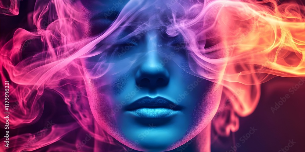 A close-up of a woman's face surrounded by colorful, swirling smoke, with vivid hues of blue, pink, and orange. Concept Close-Up Photography, Colorful Smoke Effects, Vivid Hues, Artistic Portrait A close-up of a woman's face surrounded by colorful, swirling smoke, with vivid hues of blue, pink, and orange. Concept Close-Up Photography, Colorful Smoke Effects, Vivid Hues, Artistic Portrait