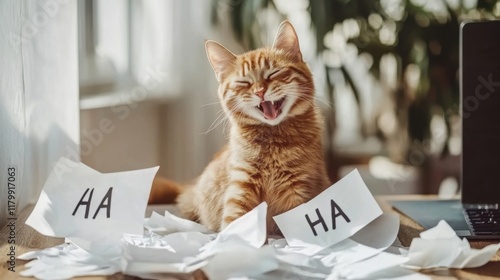 Cat joyfully sitting amidst crumpled papers with expressions of laughter in a bright indoor setting. April fools day concept