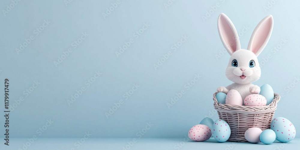 Fototapeta premium A cute rabbit sits in a basket filled with colorful Easter eggs against a soft blue background, ideal for Easter-themed decor.