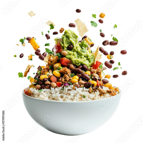 Mexican rice bowl with guacamole and beans  
