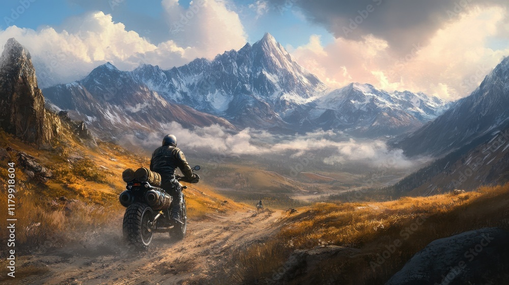 Fototapeta premium A motorcyclist riding on a dirt path high in the mountains, with majestic views of distant peaks and valleys, showcasing the adventure of mountain exploration.