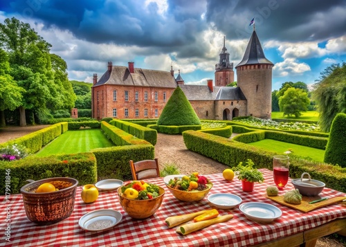 Alden Biesen Castle: French Garden Food Photography, Conical Shrubs, Cloudy Day, Belgium photo