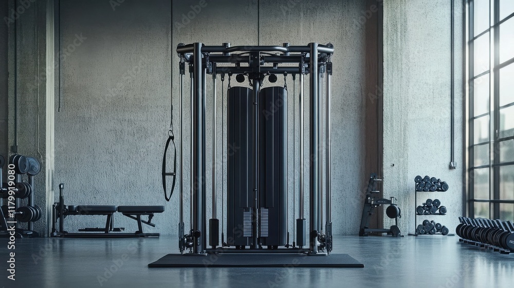 Obraz premium A multifunctional cable machine in a professional-looking gym, with neatly arranged workout accessories, ready for a full-body training session.