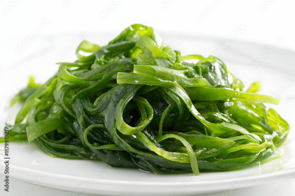 Fresh Green Seaweed Salad on a White Plate Fresh Green Seaweed Salad on a White Plate