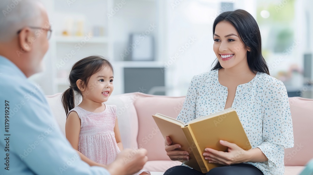 smiling mother sitting on pastel color sofa with child girl holding big book in hands smiling mother sitting on pastel color sofa with child girl holding big book in hands