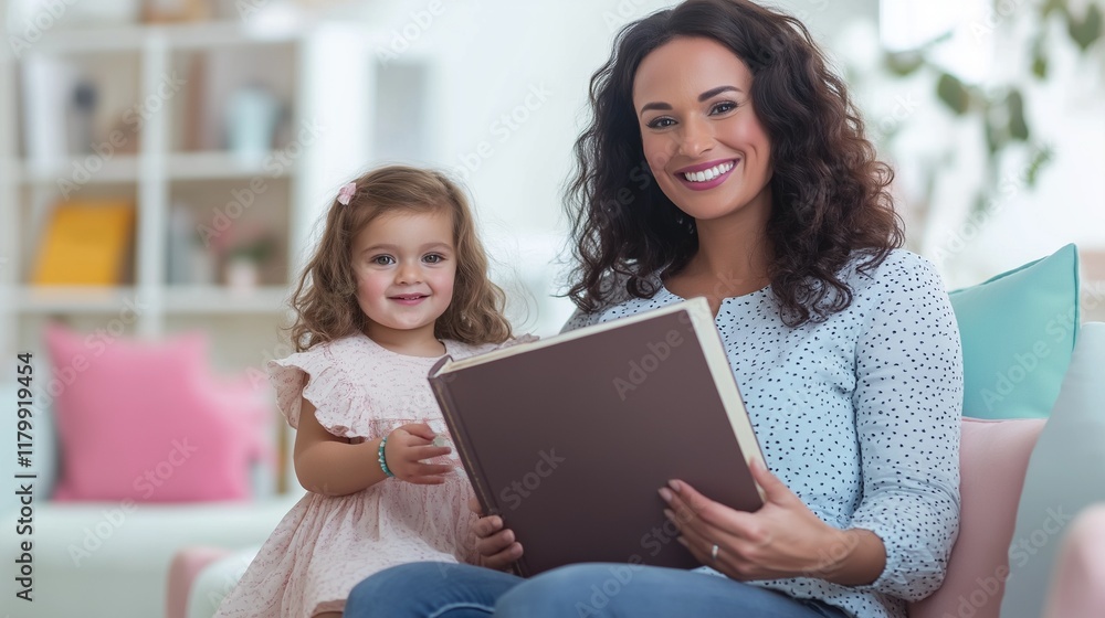 smiling mother sitting on pastel color sofa with child girl smiling mother sitting on pastel color sofa with child girl