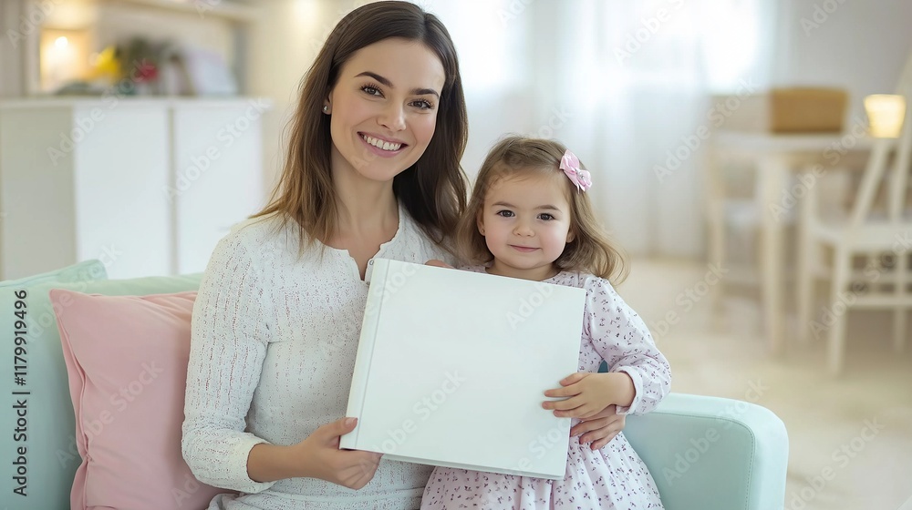smiling mother sitting on pastel color sofa with child girl smiling mother sitting on pastel color sofa with child girl