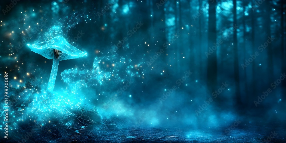 custom made wallpaper toronto digitalA glowing mushroom surrounded by a mystical, blue-hued forest atmosphere with sparkles and mist. Concept Glowing Mushroom, Mystical Forest, Blue-Hued Atmosphere, Sparkles and Mist, Enchanted Nature