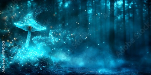 Wallpaper Mural A glowing mushroom surrounded by a mystical, blue-hued forest atmosphere with sparkles and mist. Concept Glowing Mushroom, Mystical Forest, Blue-Hued Atmosphere, Sparkles and Mist, Enchanted Nature Torontodigital.ca