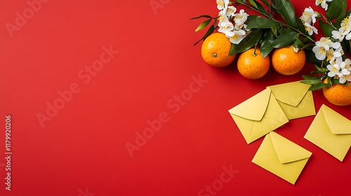 Red background featured some envelopes in yellow color and tangerines. Flowers decorated. The Chinese lunar calendar is used to determine the Chinese New Year photo