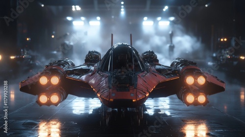 A science fiction assault fighter, a single-pilot gunship with grey-green scratched metal and orange accents, equipped with turbines and guns. It stands on the landing pad, ready for space wars. 3D photo