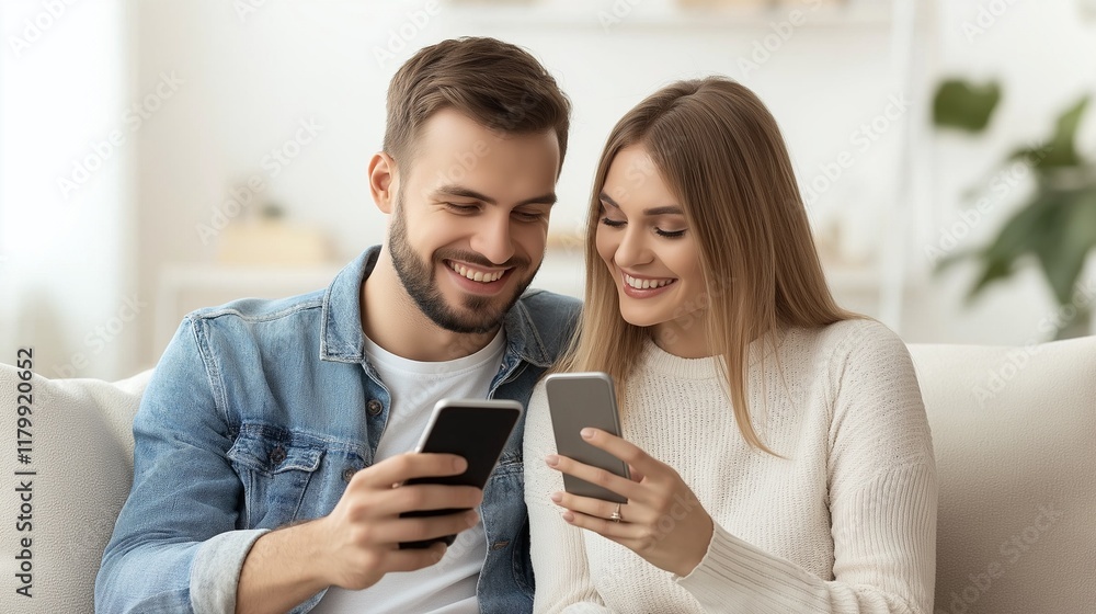 smiling couple sitting on sofa, man holding smartphone in his hands smiling couple sitting on sofa, man holding smartphone in his hands