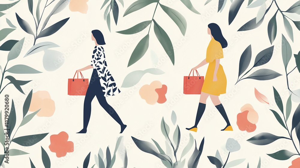 Fototapeta premium Stylish spring shopping illustration featuring women carrying bags against a floral and leafy background copy space