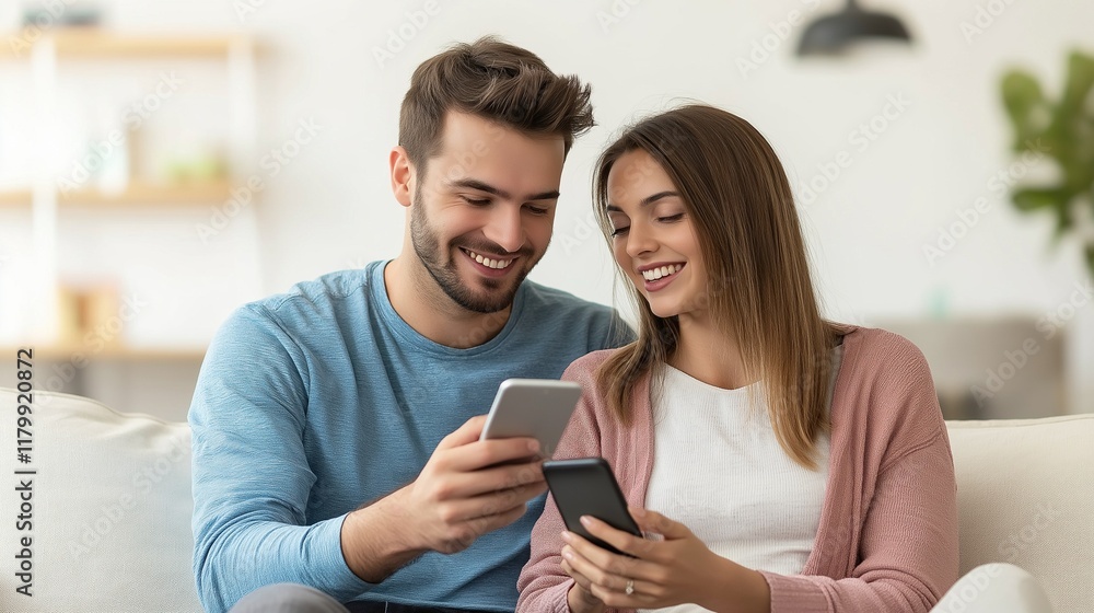 smiling couple sitting on sofa, man holding smartphone in his hands smiling couple sitting on sofa, man holding smartphone in his hands