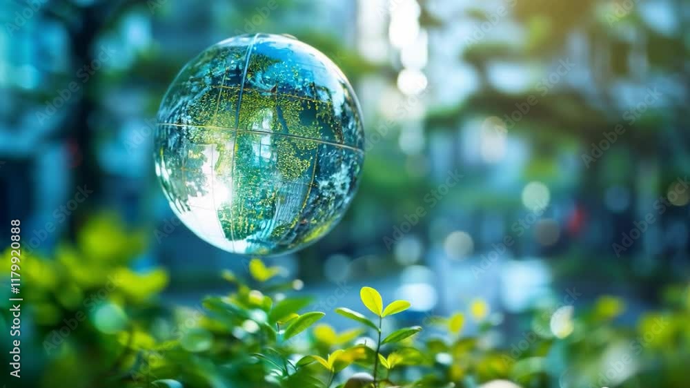 transparent globe on a background of greenery and glowing lights is suitable for environmental projects, presentations about nature and educational posters. transparent globe on a background of greenery and glowing lights is suitable for environmental projects, presentations about nature and educational posters.