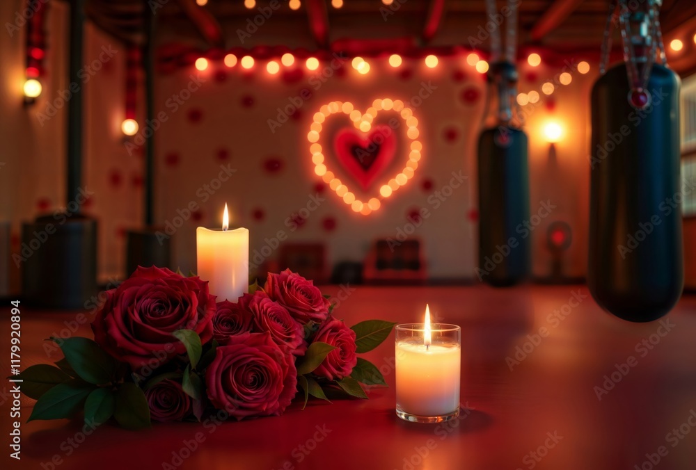 Romantic valentine ambiance. A romantic setting with glowing candles, red roses, and heart-shaped lights in a cozy room with punching bags in the background. Romantic valentine ambiance. A romantic setting with glowing candles, red roses, and heart-shaped lights in a cozy room with punching bags in the background.