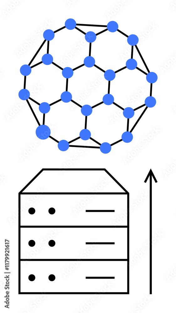 Geometric sphere connecting blue nodes above simple server stack, upward arrow. Ideal for blockchain, data storage, innovation, connectivity, technology, digital transformation, futuristic concepts