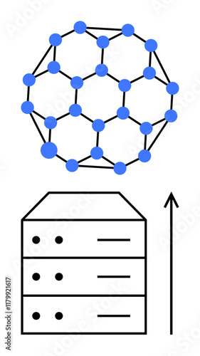 Geometric sphere connecting blue nodes above simple server stack, upward arrow. Ideal for blockchain, data storage, innovation, connectivity, technology, digital transformation, futuristic concepts