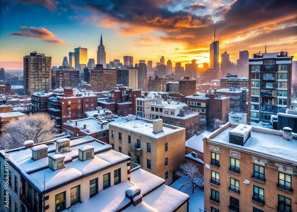 Fototapeta premium Minimalist NYC Rooftop Snowy Morning: Breathtaking Cityscape View