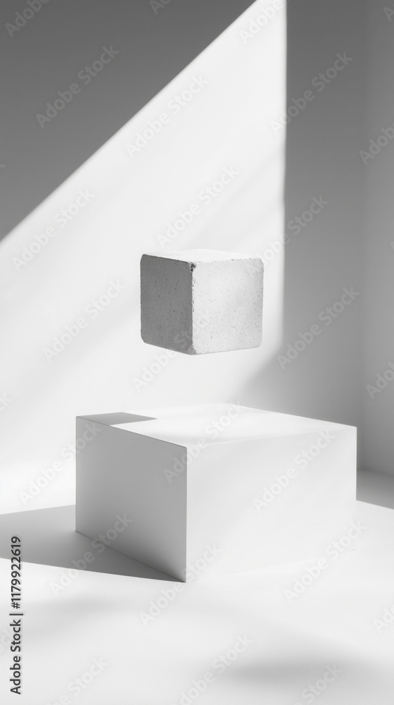 Fototapeta premium levitating white cube suspended in calm minimalist studio with soft shadows bright surfaces copyspace concept of graphic design branding advertising