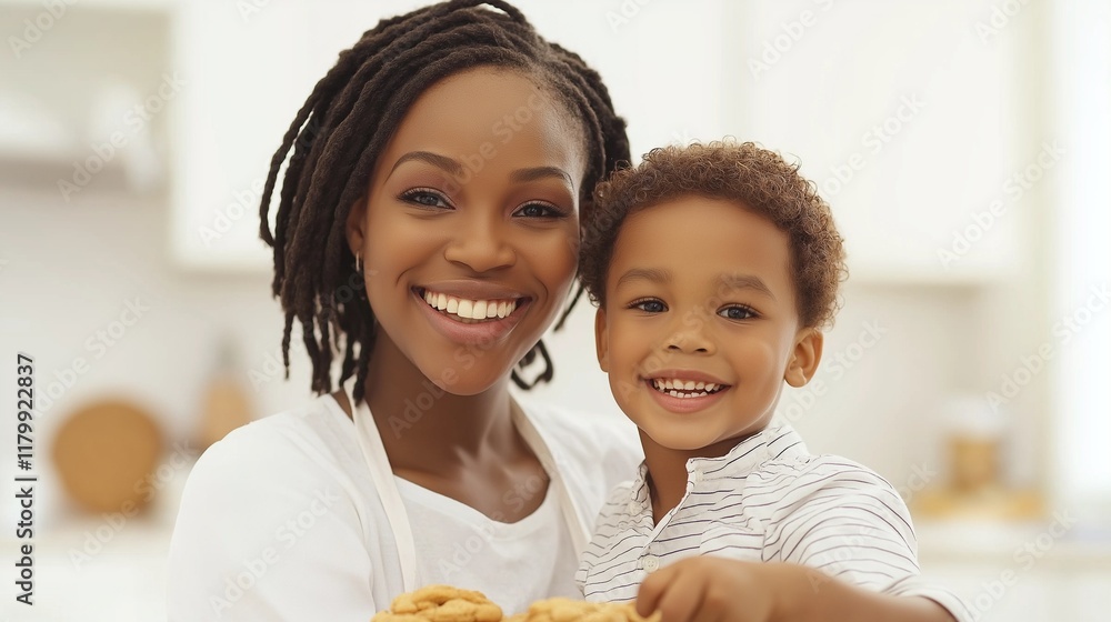 smiling Mother and son child baking cookies together, blurred white kitchen on background smiling Mother and son child baking cookies together, blurred white kitchen on background