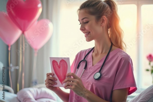 Obraz na płótnie Nurse Valentine Moment. Healthcare worker in pink scrubs holding heart-shaped valentine card with stethoscope and balloons. w salonie