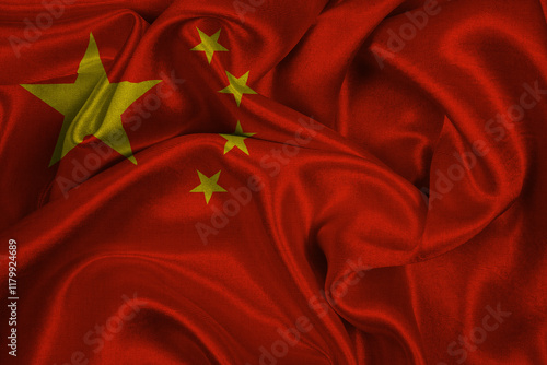 The National Flag of China. Waved highly detailed fabric texture. Chinese Independence Day 21th of September. photo