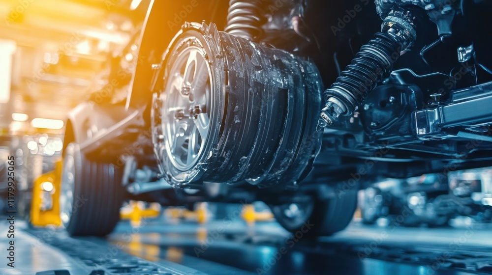 Fototapeta premium A professional shot of a car's full underbody, featuring the suspension system, drive shafts, and differential, illustrating robust support for efficient driving.