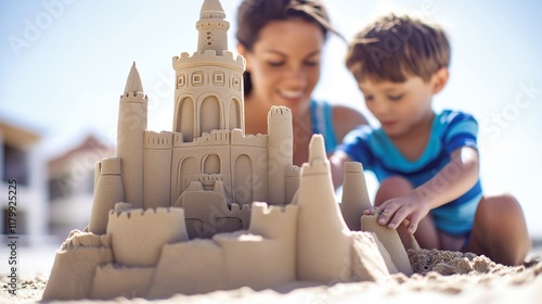 mother and son building a sandcastle at the beach, working together to create an elaborate structure photo