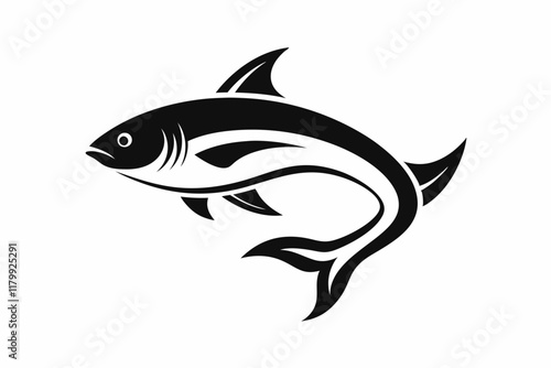 minimalist fish logo jumping out of water black silhouette white background. Fish jumps illustration black and white
 photo