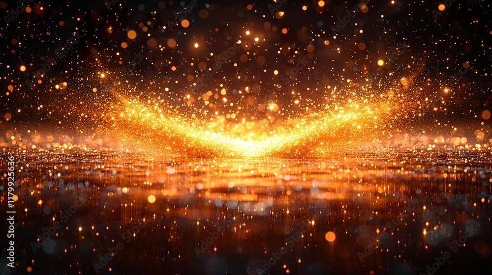 Fototapeta premium A radiant burst of golden glitter particles on a black background, 
