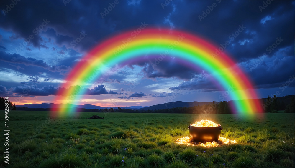 Rainbow arching over a pot of gold in a grassy field, St. Patrick's Day theme Rainbow arching over a pot of gold in a grassy field, St. Patrick's Day theme