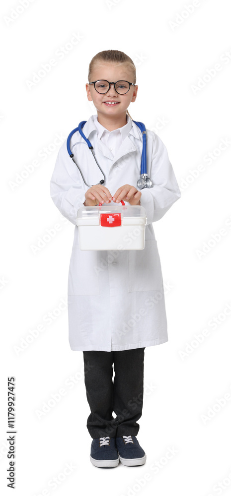 Little girl with stethoscope and first aid kit pretending to be doctor on white background. Dreaming of future profession Little girl with stethoscope and first aid kit pretending to be doctor on white background. Dreaming of future profession