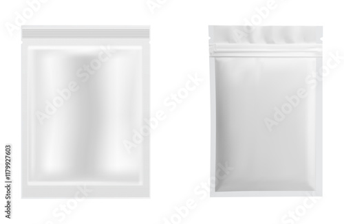 Facial mask foil packaging vector mockup. Cosmetic product sachet design, realistic plastic packet sample. Clear zipper collagen mask advertising product packaging, paper bag