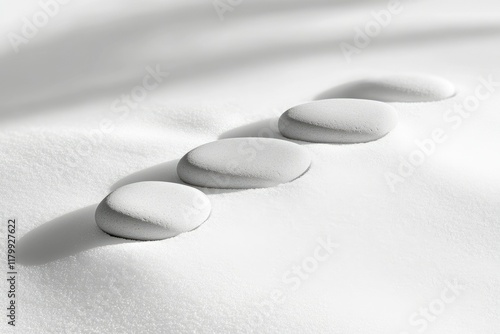 Four smooth, grey stones arranged in a row on a white, textured surface, bathed in soft light.