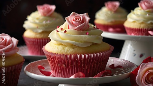 Delicious Vanilla Cupcakes with Pink Roses photo