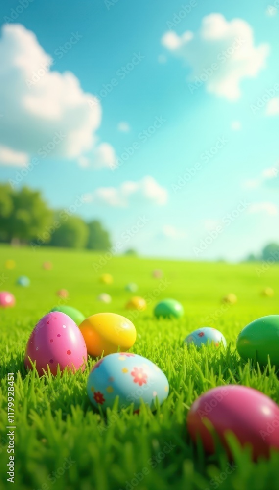 Fototapeta premium Colorful Easter eggs scattered on the green grass of a field, flowers, spring