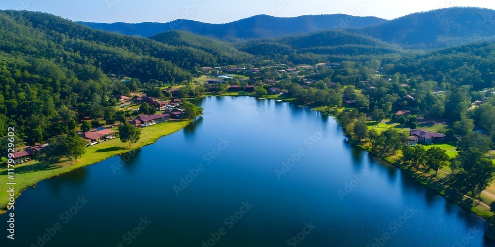 A serene lake surrounded by lush greenery and mountains, with a small village or community along its shore. Concept Serene Lake, Lush Greenery, Mountain Landscape, Charming Village A serene lake surrounded by lush greenery and mountains, with a small village or community along its shore. Concept Serene Lake, Lush Greenery, Mountain Landscape, Charming Village