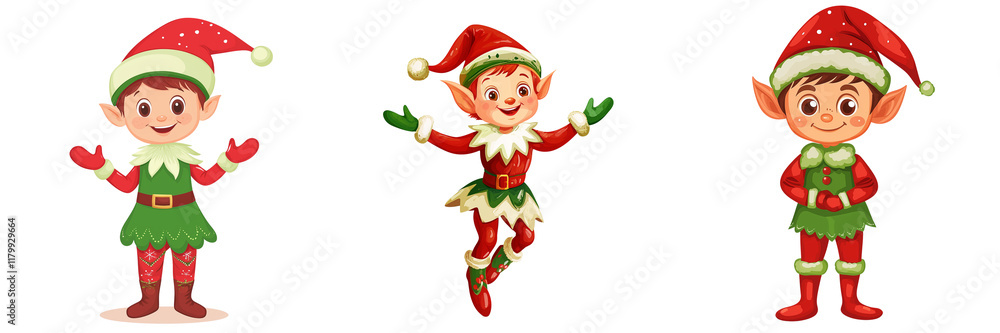 Set of A cheerful Christmas elf with green and red attire, waving happily in front of a decorated Christmas tree on transparent png background Set of A cheerful Christmas elf with green and red attire, waving happily in front of a decorated Christmas tree on transparent png background