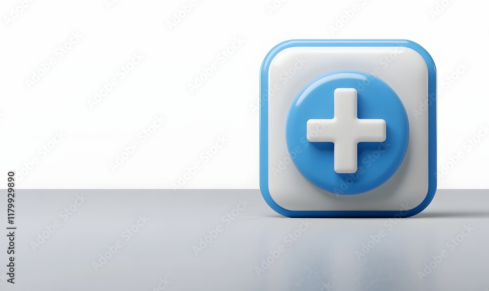 3D render of a blue square button with a white plus sign. 3D render of a blue square button with a white plus sign.