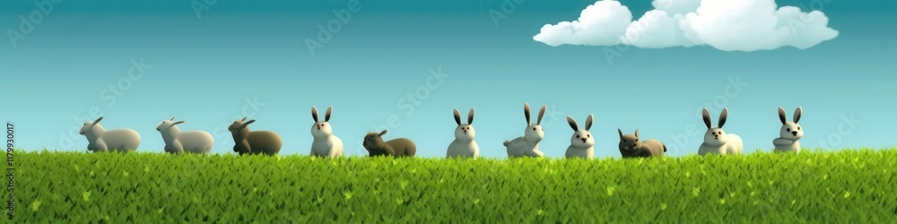 A charming lineup of various rabbits, including white, brown, and gray, on a lush green field under a blue sky. A charming lineup of various rabbits, including white, brown, and gray, on a lush green field under a blue sky.
