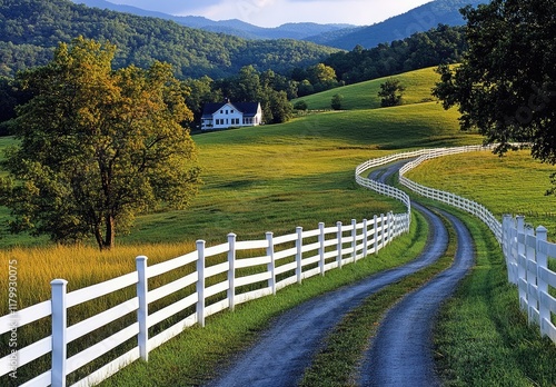 Idyllic Virginia Farm with White Fence, rolling hills, green grass, autumn foliage, charming farmhouse, serene countryside landscape photo