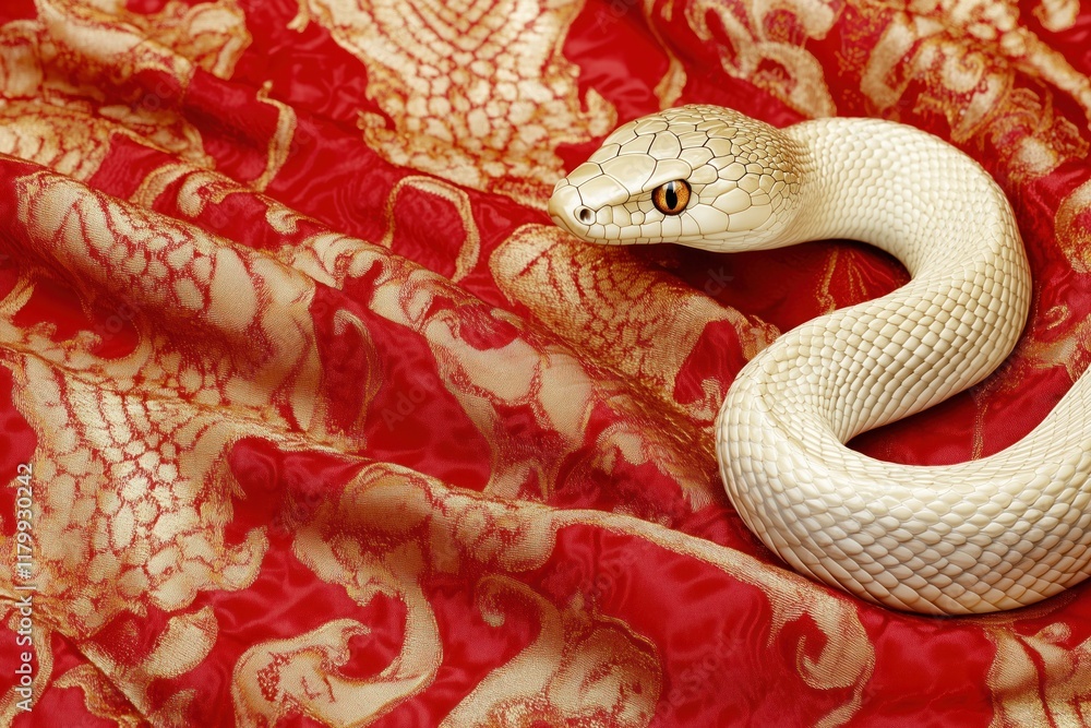 Obraz premium White snake resting on red and gold silk fabric