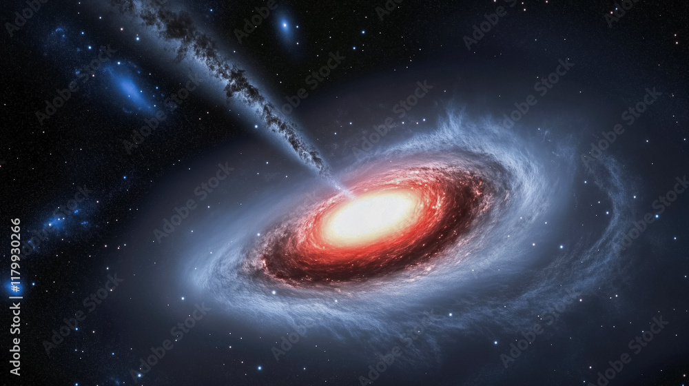 Fototapeta premium A massive black hole with glowing orange and white accretion disks, radiating power and mystery in the boundless universe, symbolizing cosmic phenomena.