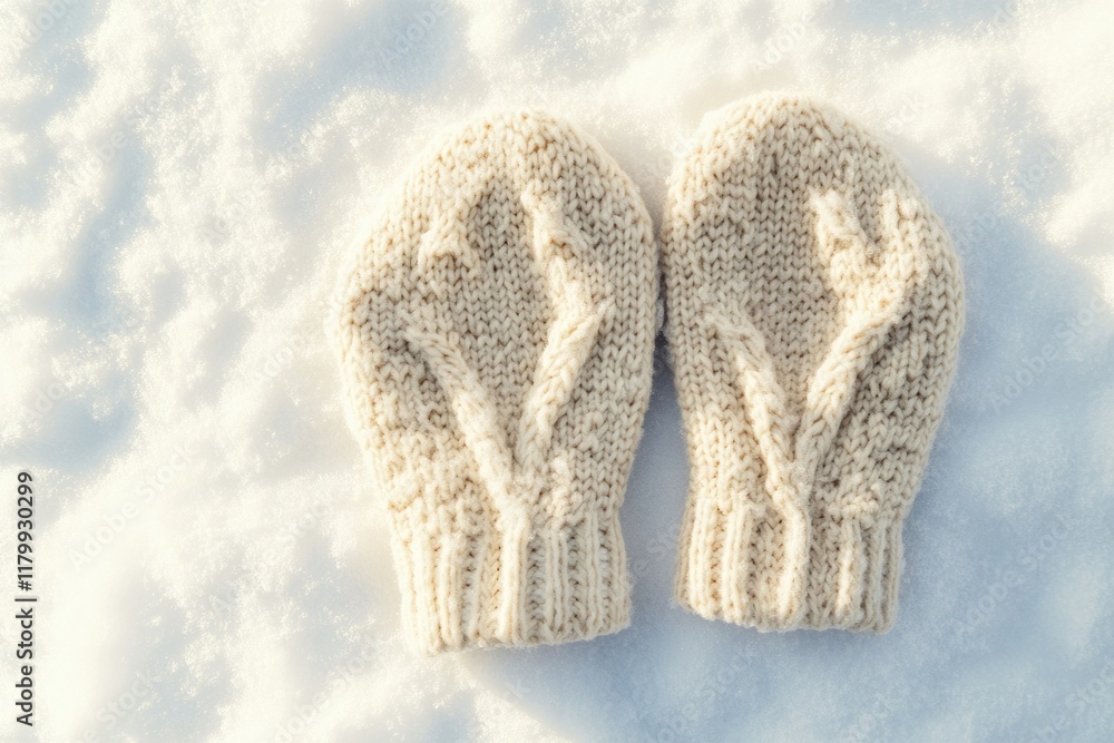 Cream-colored knitted mittens rest on a snowy surface, capturing winter's essence. Cream-colored knitted mittens rest on a snowy surface, capturing winter's essence.