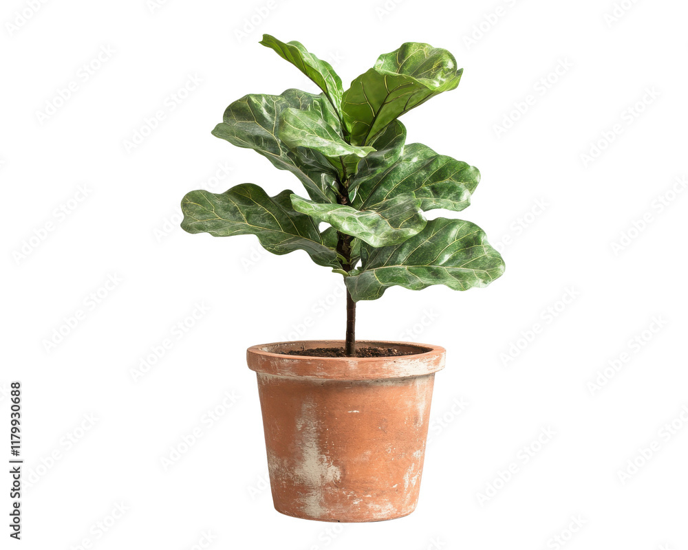 Fototapeta premium Fiddle leaf fig plant in a rustic pot, perfect for home decor.