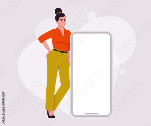 Modern businesswoman giant smartphone lean pose. Business lady, high waisted pants, office trousers, belt, attractive blouse female model. Vector flat style cartoon illustration, creative background