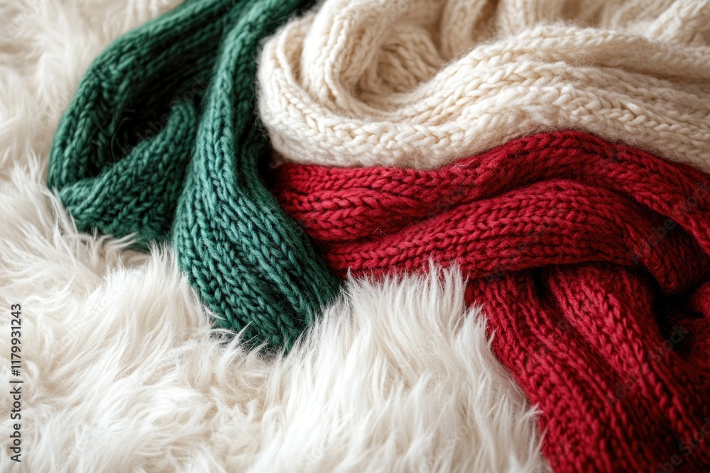 Soft, cozy knitted scarves in red, cream, and green displayed on a fluffy white surface. Soft, cozy knitted scarves in red, cream, and green displayed on a fluffy white surface.
